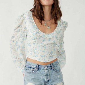 Free People Another Life Printed Top Smocked Tie Back Crop